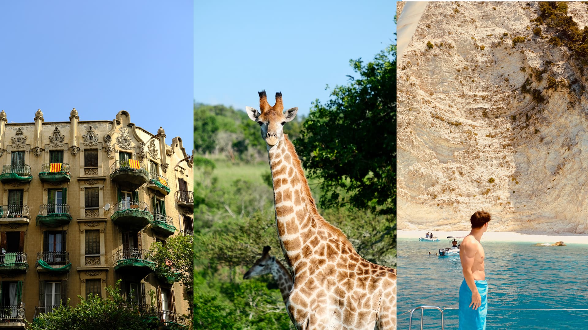 A triptych of travel moments: historic architecture, an African safari, and a coastal swim beneath white cliffs